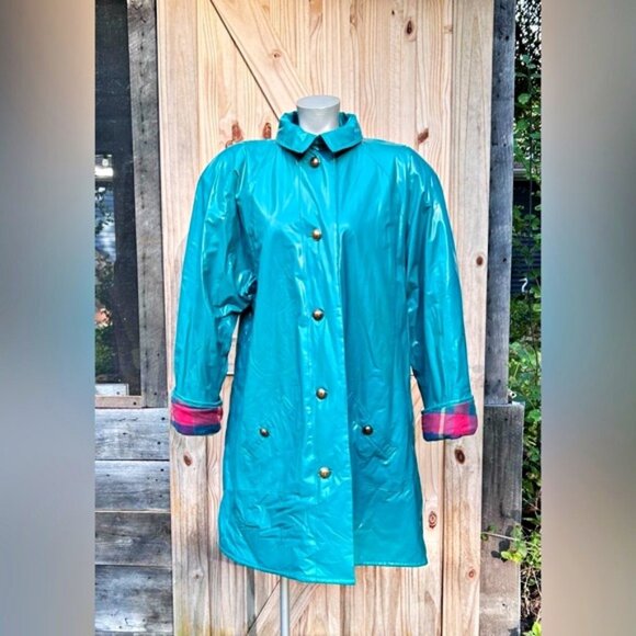 Vintage Retro 80s JG Hook Shiny Teal PVC Vinyl Swing Coat Rain Coat~L~ - Picture 1 of 9